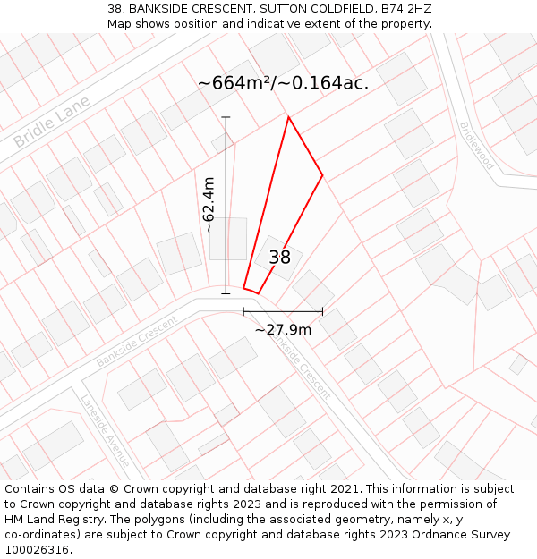 38, BANKSIDE CRESCENT, SUTTON COLDFIELD, B74 2HZ: Plot and title map