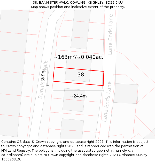 38, BANNISTER WALK, COWLING, KEIGHLEY, BD22 0NU: Plot and title map