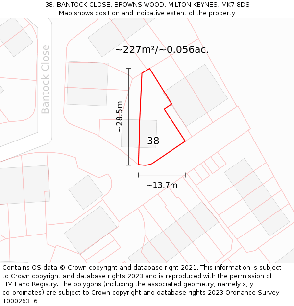 38, BANTOCK CLOSE, BROWNS WOOD, MILTON KEYNES, MK7 8DS: Plot and title map