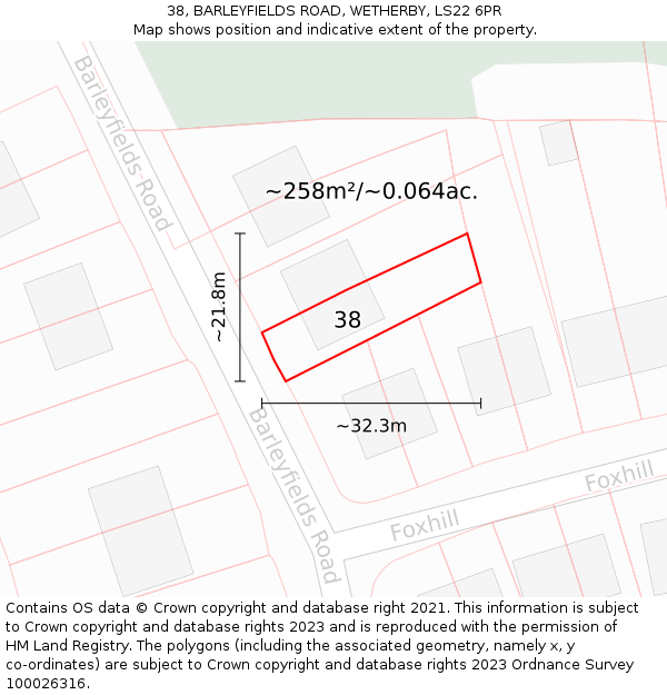 38, BARLEYFIELDS ROAD, WETHERBY, LS22 6PR: Plot and title map