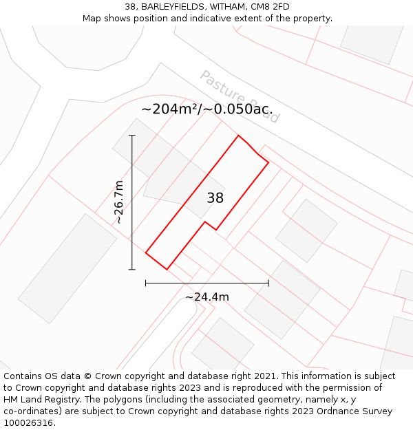 38, BARLEYFIELDS, WITHAM, CM8 2FD: Plot and title map