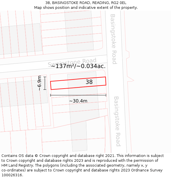 38, BASINGSTOKE ROAD, READING, RG2 0EL: Plot and title map