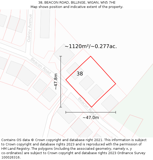 38, BEACON ROAD, BILLINGE, WIGAN, WN5 7HE: Plot and title map