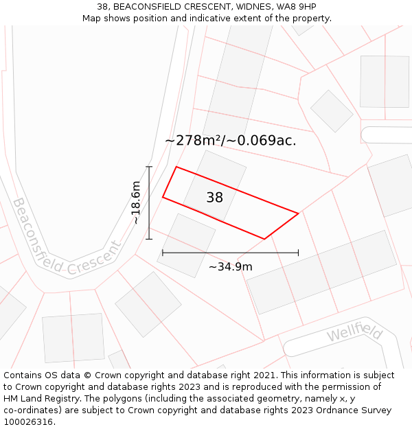 38, BEACONSFIELD CRESCENT, WIDNES, WA8 9HP: Plot and title map
