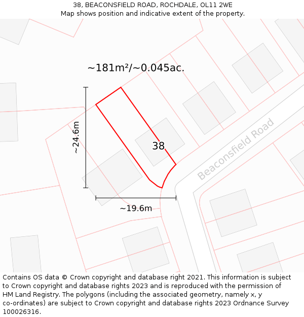 38, BEACONSFIELD ROAD, ROCHDALE, OL11 2WE: Plot and title map