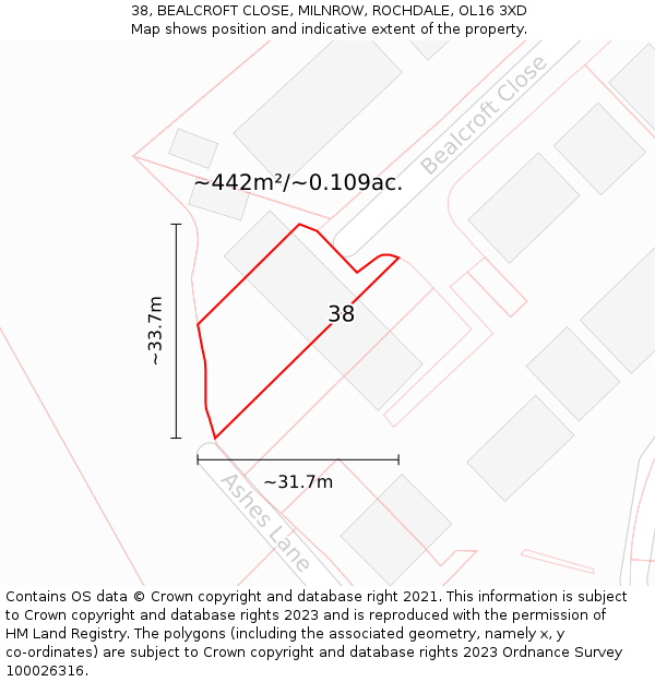 38, BEALCROFT CLOSE, MILNROW, ROCHDALE, OL16 3XD: Plot and title map