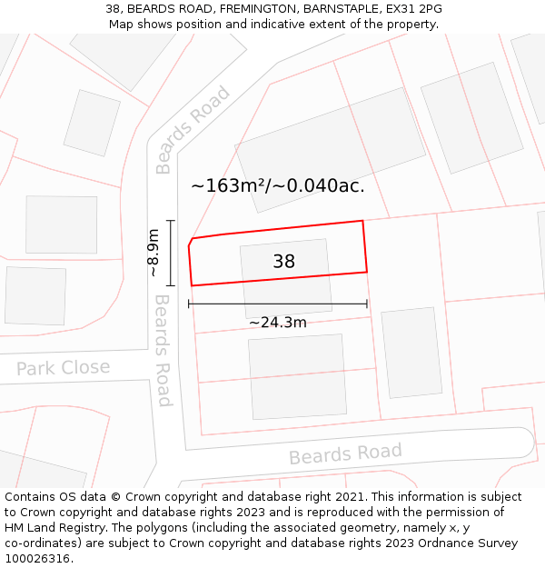 38, BEARDS ROAD, FREMINGTON, BARNSTAPLE, EX31 2PG: Plot and title map