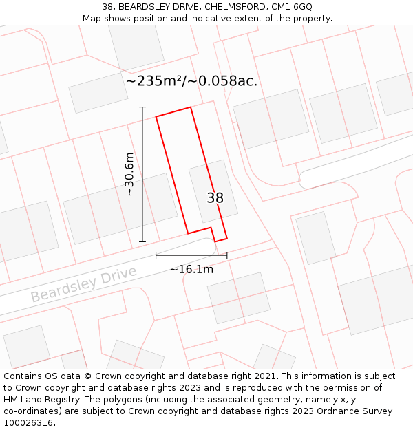 38, BEARDSLEY DRIVE, CHELMSFORD, CM1 6GQ: Plot and title map