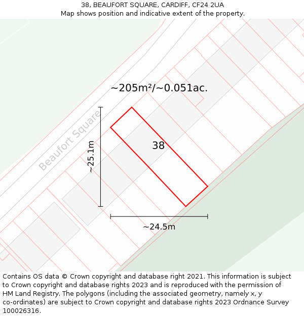 38, BEAUFORT SQUARE, CARDIFF, CF24 2UA: Plot and title map