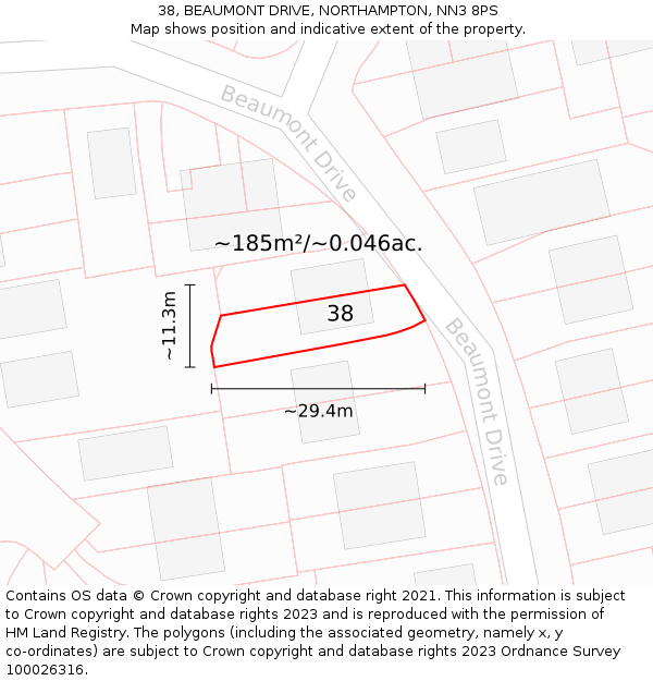 38, BEAUMONT DRIVE, NORTHAMPTON, NN3 8PS: Plot and title map