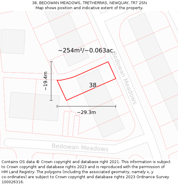 38, BEDOWAN MEADOWS, TRETHERRAS, NEWQUAY, TR7 2SN: Plot and title map