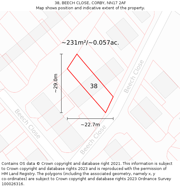 38, BEECH CLOSE, CORBY, NN17 2AF: Plot and title map