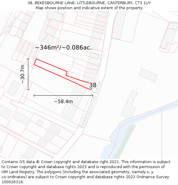 38, BEKESBOURNE LANE, LITTLEBOURNE, CANTERBURY, CT3 1UY: Plot and title map