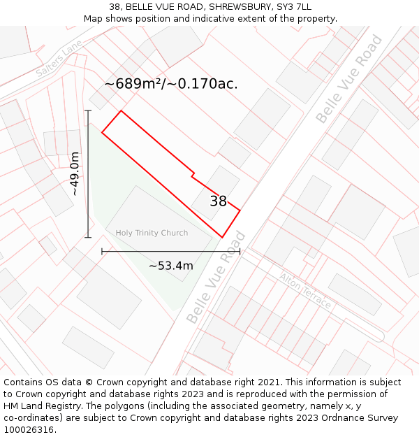 38, BELLE VUE ROAD, SHREWSBURY, SY3 7LL: Plot and title map