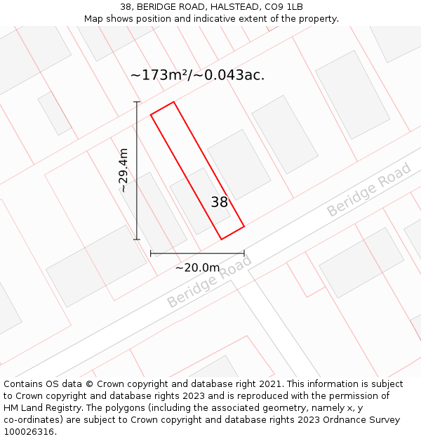 38, BERIDGE ROAD, HALSTEAD, CO9 1LB: Plot and title map