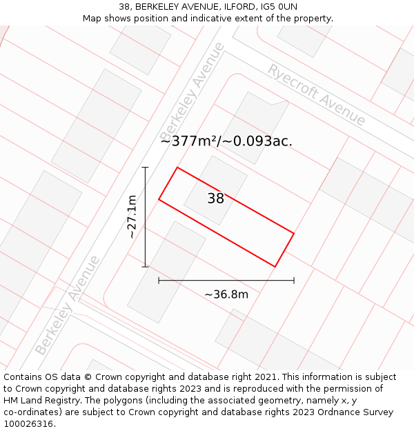 38, BERKELEY AVENUE, ILFORD, IG5 0UN: Plot and title map