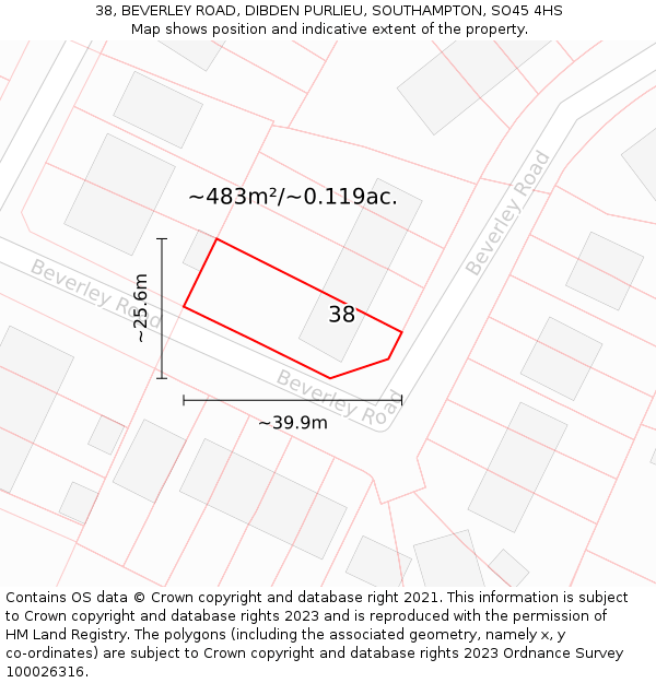 38, BEVERLEY ROAD, DIBDEN PURLIEU, SOUTHAMPTON, SO45 4HS: Plot and title map