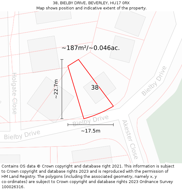 38, BIELBY DRIVE, BEVERLEY, HU17 0RX: Plot and title map
