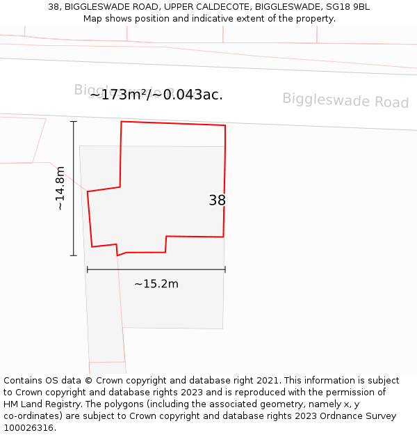 38, BIGGLESWADE ROAD, UPPER CALDECOTE, BIGGLESWADE, SG18 9BL: Plot and title map