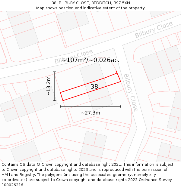 38, BILBURY CLOSE, REDDITCH, B97 5XN: Plot and title map