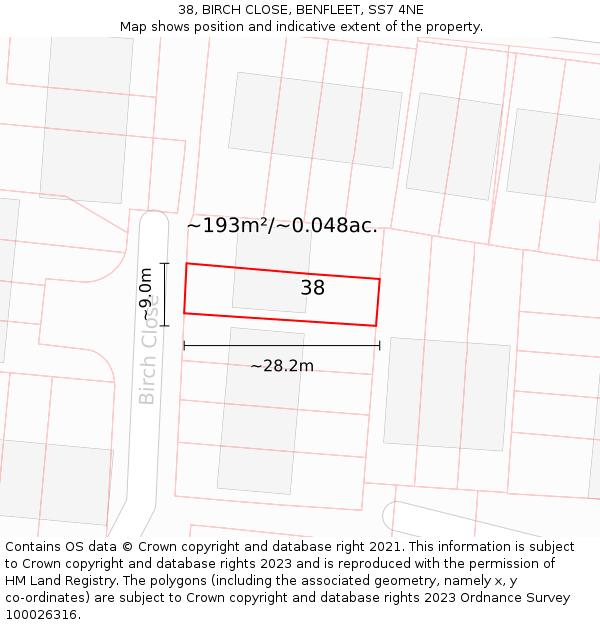 38, BIRCH CLOSE, BENFLEET, SS7 4NE: Plot and title map