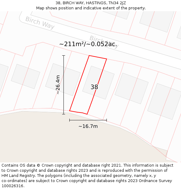 38, BIRCH WAY, HASTINGS, TN34 2JZ: Plot and title map