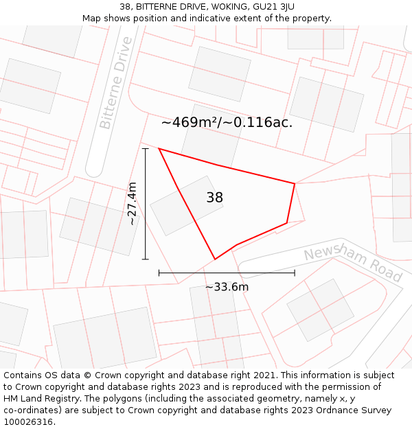 38, BITTERNE DRIVE, WOKING, GU21 3JU: Plot and title map
