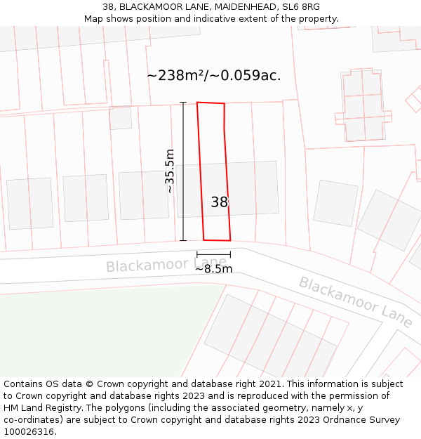 38, BLACKAMOOR LANE, MAIDENHEAD, SL6 8RG: Plot and title map