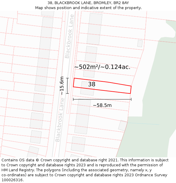 38, BLACKBROOK LANE, BROMLEY, BR2 8AY: Plot and title map