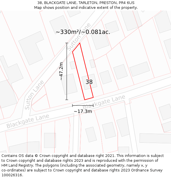 38, BLACKGATE LANE, TARLETON, PRESTON, PR4 6US: Plot and title map