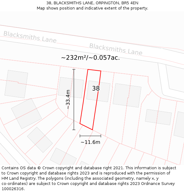 38, BLACKSMITHS LANE, ORPINGTON, BR5 4EN: Plot and title map
