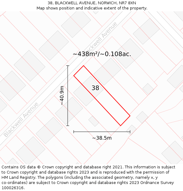 38, BLACKWELL AVENUE, NORWICH, NR7 8XN: Plot and title map