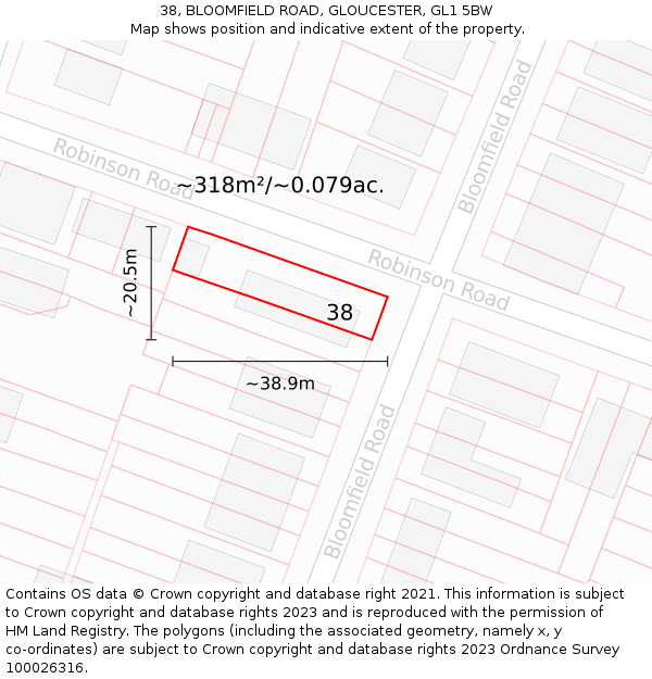 38, BLOOMFIELD ROAD, GLOUCESTER, GL1 5BW: Plot and title map