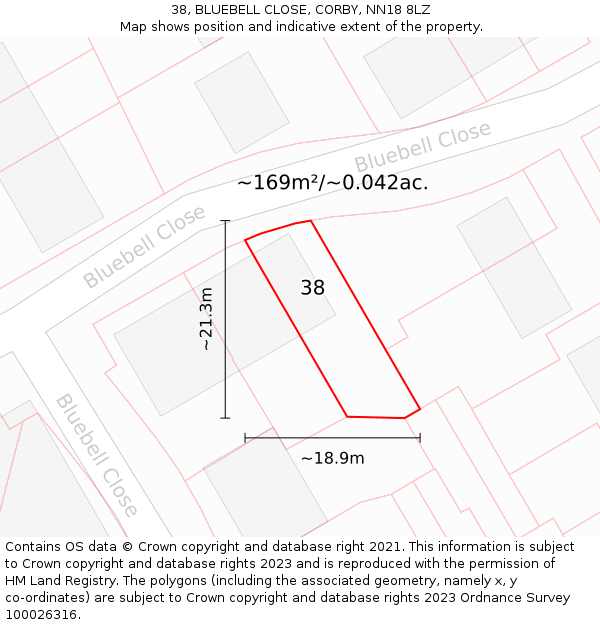 38, BLUEBELL CLOSE, CORBY, NN18 8LZ: Plot and title map