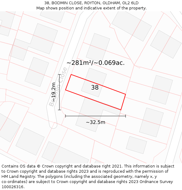 38, BODMIN CLOSE, ROYTON, OLDHAM, OL2 6LD: Plot and title map