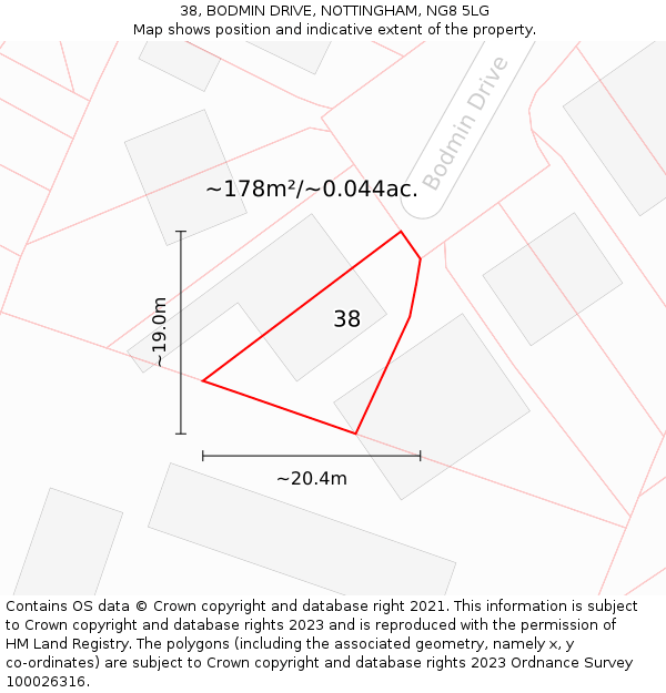 38, BODMIN DRIVE, NOTTINGHAM, NG8 5LG: Plot and title map