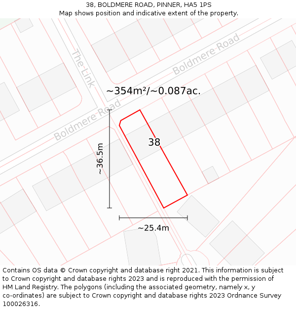 38, BOLDMERE ROAD, PINNER, HA5 1PS: Plot and title map
