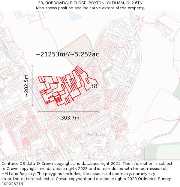 38, BORROWDALE CLOSE, ROYTON, OLDHAM, OL2 6TN: Plot and title map
