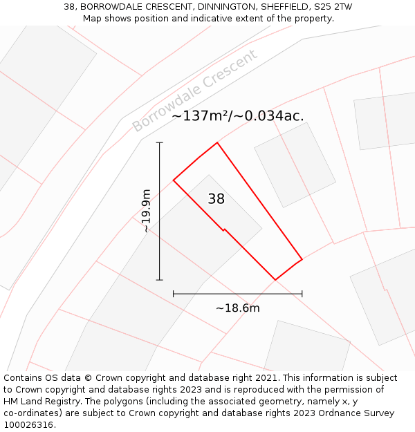 38, BORROWDALE CRESCENT, DINNINGTON, SHEFFIELD, S25 2TW: Plot and title map