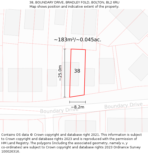 38, BOUNDARY DRIVE, BRADLEY FOLD, BOLTON, BL2 6RU: Plot and title map