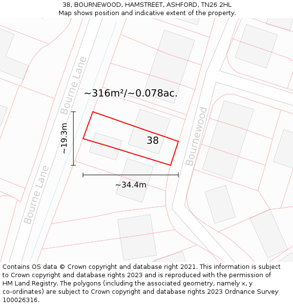 38, BOURNEWOOD, HAMSTREET, ASHFORD, TN26 2HL: Plot and title map