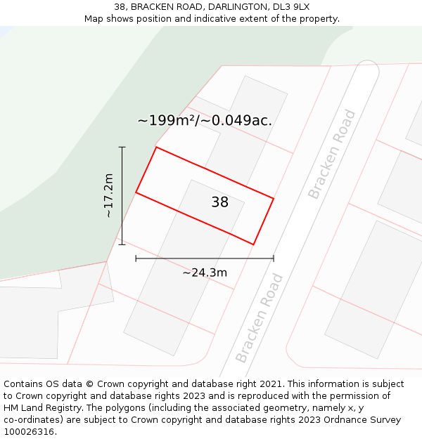 38, BRACKEN ROAD, DARLINGTON, DL3 9LX: Plot and title map