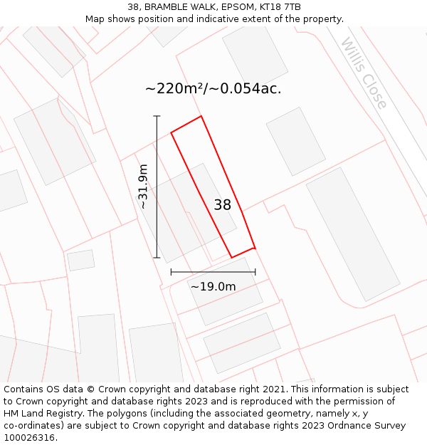 38, BRAMBLE WALK, EPSOM, KT18 7TB: Plot and title map