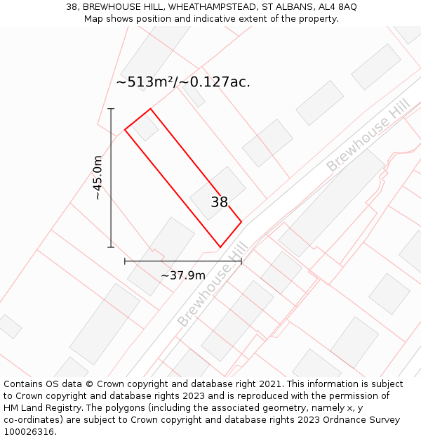 38, BREWHOUSE HILL, WHEATHAMPSTEAD, ST ALBANS, AL4 8AQ: Plot and title map