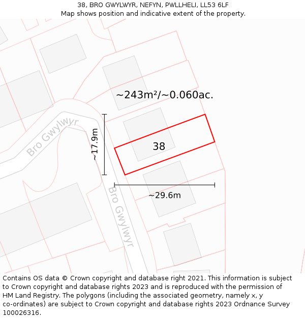 38, BRO GWYLWYR, NEFYN, PWLLHELI, LL53 6LF: Plot and title map