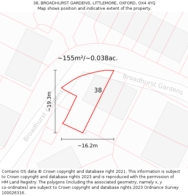 38, BROADHURST GARDENS, LITTLEMORE, OXFORD, OX4 4YQ: Plot and title map