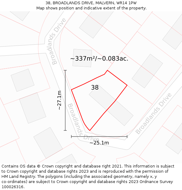 38, BROADLANDS DRIVE, MALVERN, WR14 1PW: Plot and title map