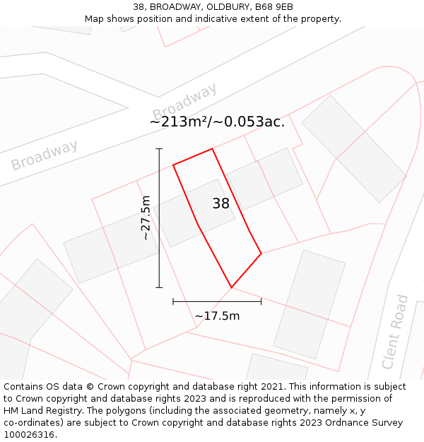 38, BROADWAY, OLDBURY, B68 9EB: Plot and title map