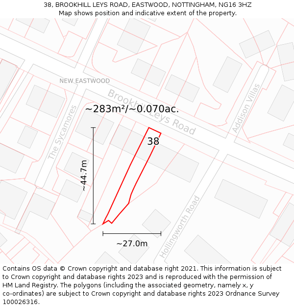 38, BROOKHILL LEYS ROAD, EASTWOOD, NOTTINGHAM, NG16 3HZ: Plot and title map