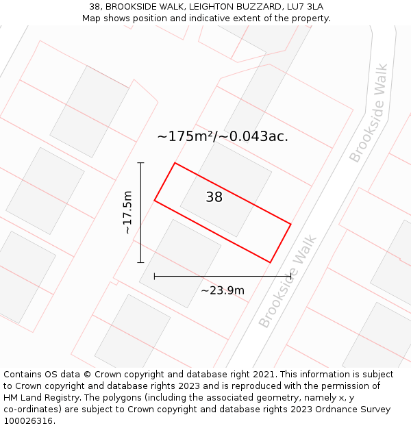 38, BROOKSIDE WALK, LEIGHTON BUZZARD, LU7 3LA: Plot and title map